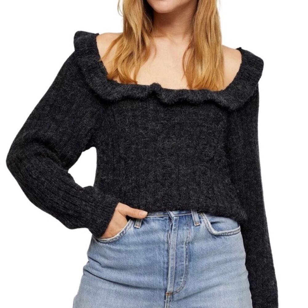 Topshop Cable Knit Open Back Ruffle Square Neck Long Sleeve Gray Sweater